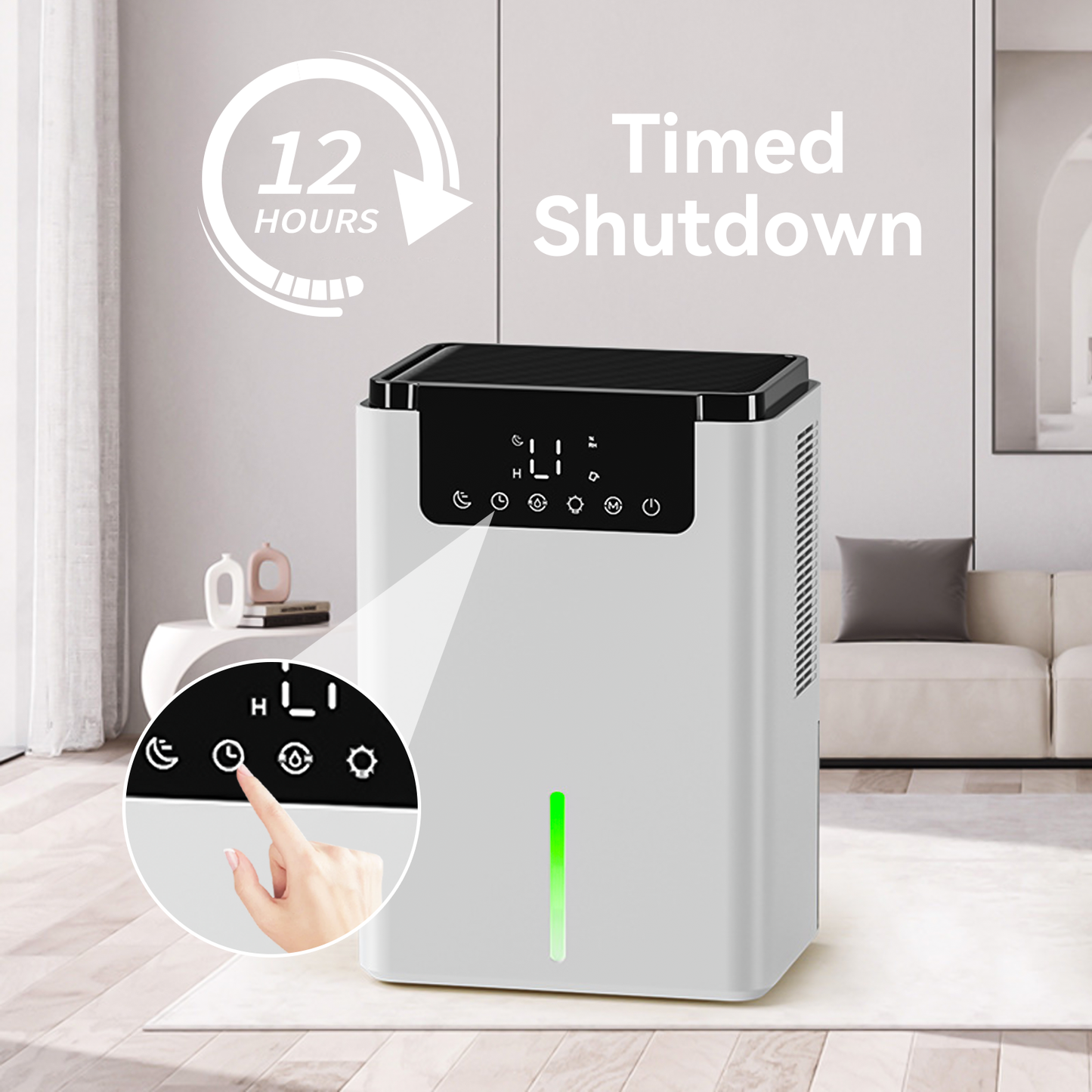 Rivelia Dehumidifier D2 with timed shutdown feature in a living room setting
