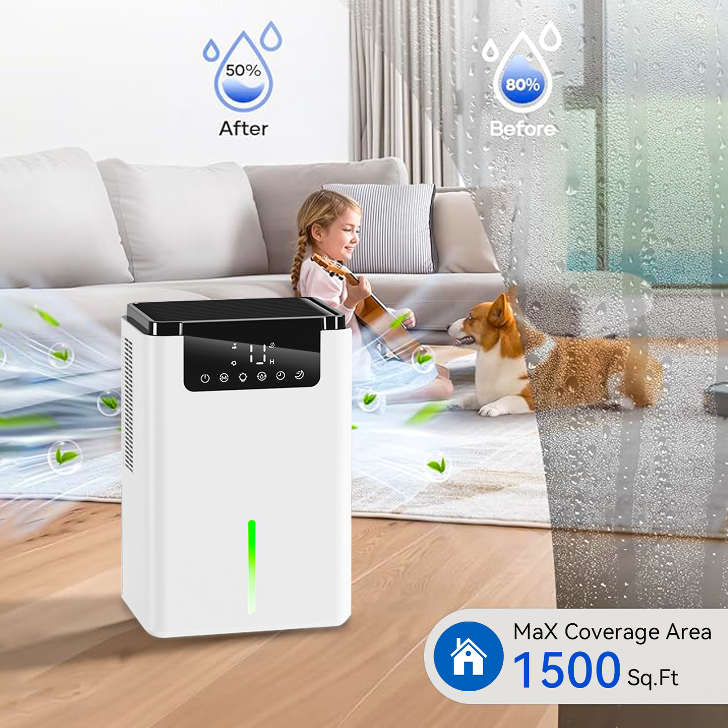 Rivelia Dehumidifier D2 in a living room with a child and dog, showing before and after moisture levels.