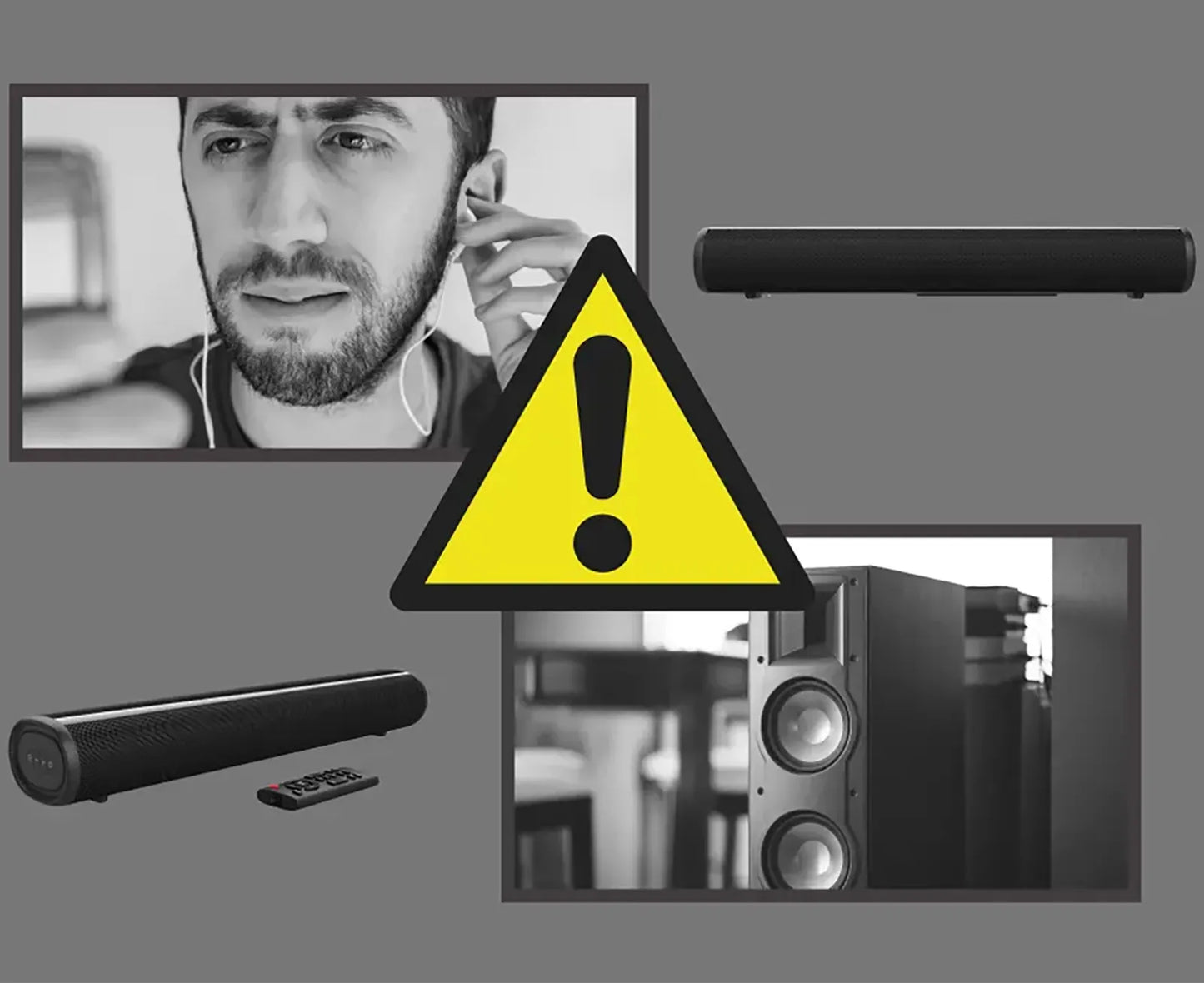 Rivelia Wireless Soundbar with a man on a video call and a warning sign.
