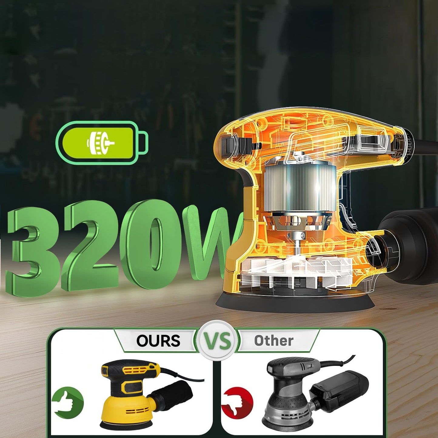 Rivexo Orbital Sander with '320W' text and comparison graphic on a dark background