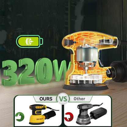 Rivexo Orbital Sander with '320W' text and comparison graphic on a dark background