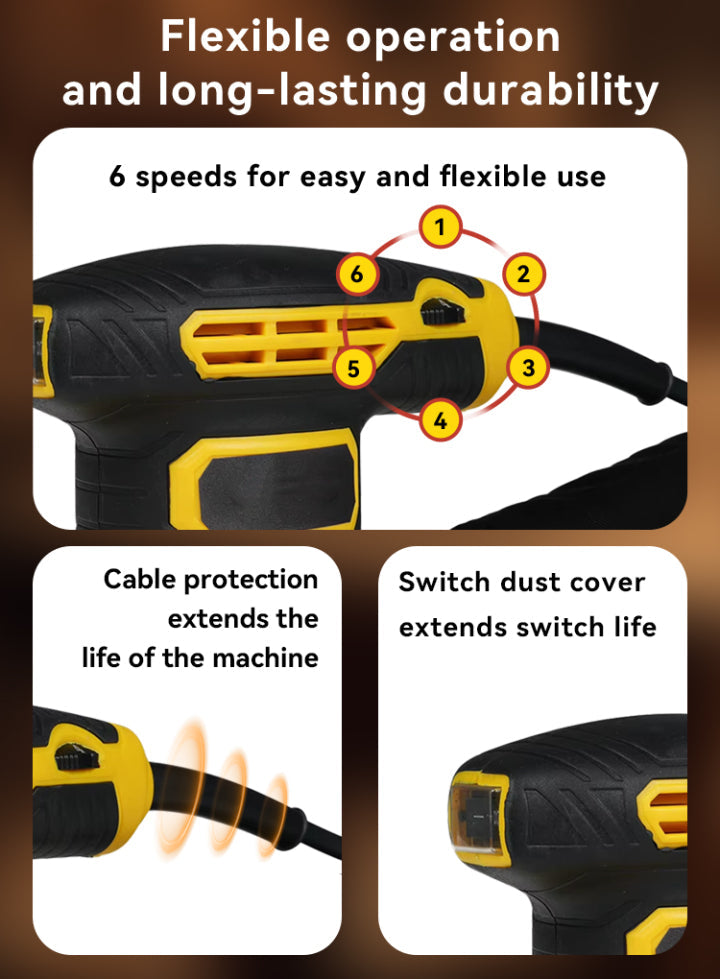 Rivexo Orbital Sander with features highlighted on a brown background