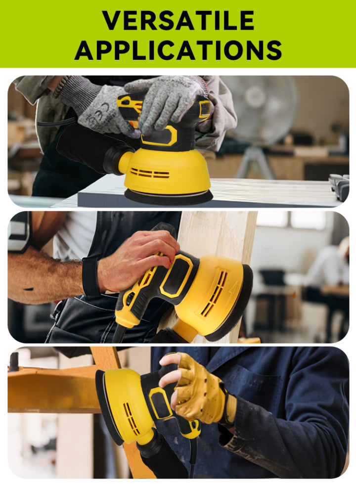 Yellow power Rivexo Orbital Sander being used on a wooden surface with text 'VERSATILE APPLICATIONS' on a green background.