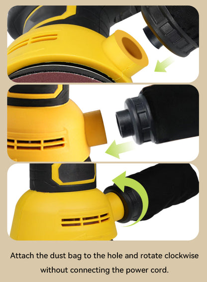 Yellow and black Rivexo Orbital Sander with dust bag attachment instructions on a beige background