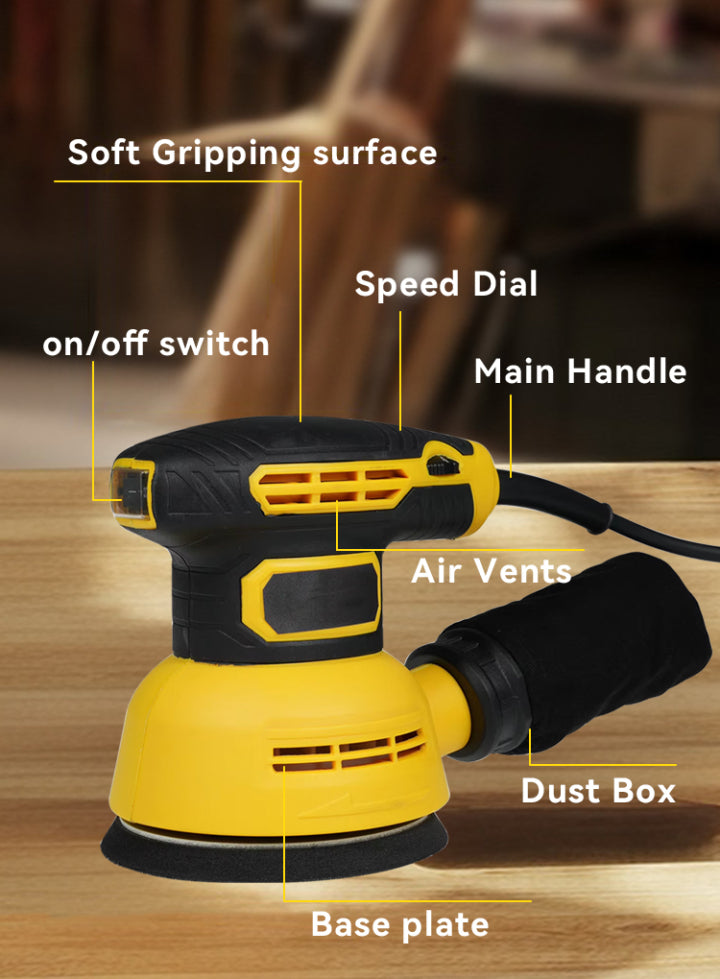 Yellow and black random Rivexo Orbital Sander with labeled parts on a wooden surface