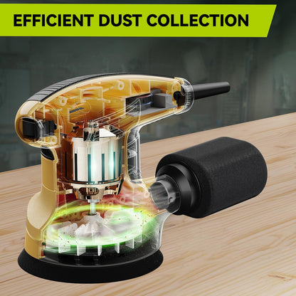 Rivexo Sander 320W with transparent casing on a wooden surface, highlighting efficient dust collection.