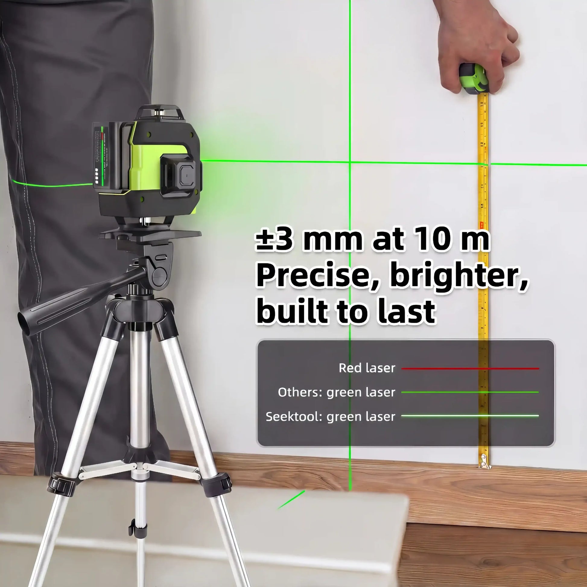 SEEKTOOL LX360 Pro Cross Line Laser Level on a tripod with green laser lines, person holding a tape measure, and text about precision and features.