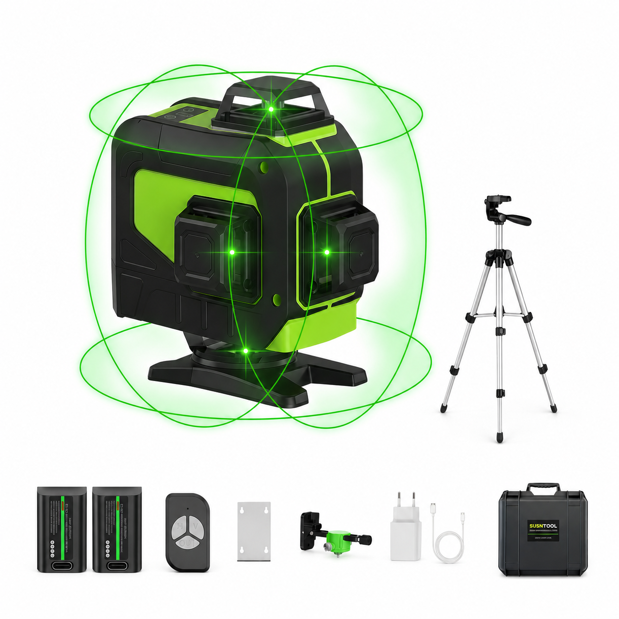 SEEKTOOL LX360 Pro Cross Line Laser Level with accessories on a white background
