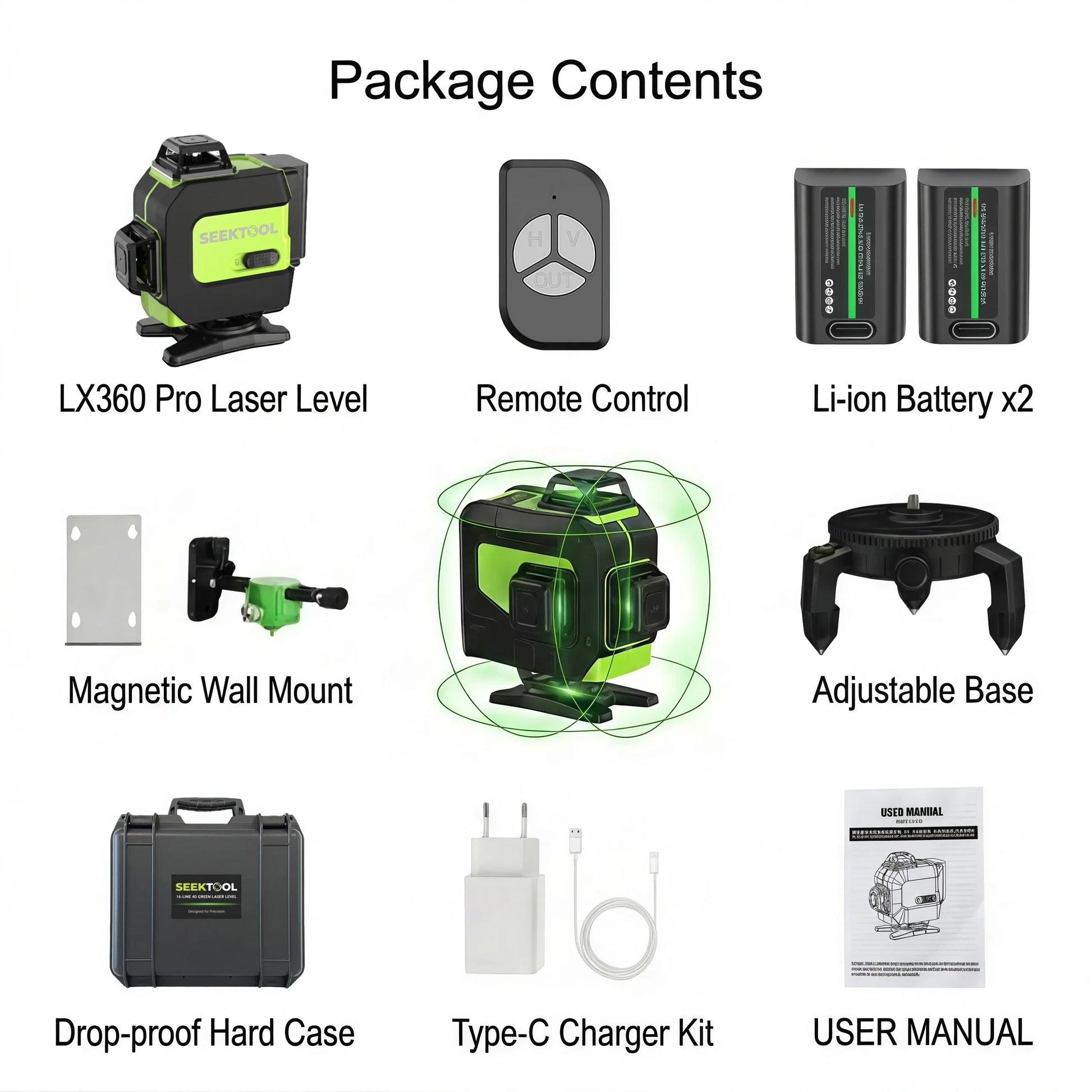Package contents of an SEEKTOOL LX360 Pro Cross Line Laser Level with remote control, batteries, wall mount, base, case, charger, and user manual on a white background.