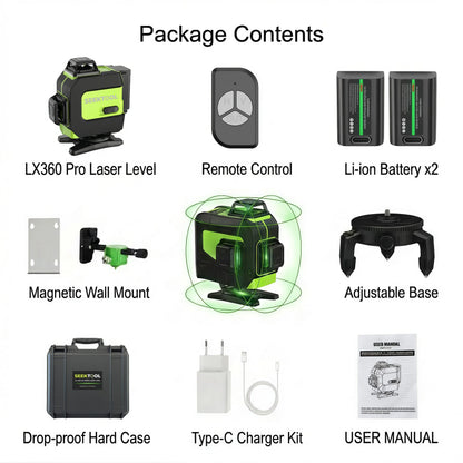 Package contents of an SEEKTOOL LX360 Pro Cross Line Laser Level with remote control, batteries, wall mount, base, case, charger, and user manual on a white background.