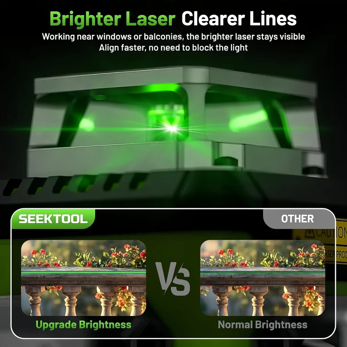 SEEKTOOL LX360 Pro Cross Line Laser Level with green laser beam, comparison of brightness between Seektool and other brand.