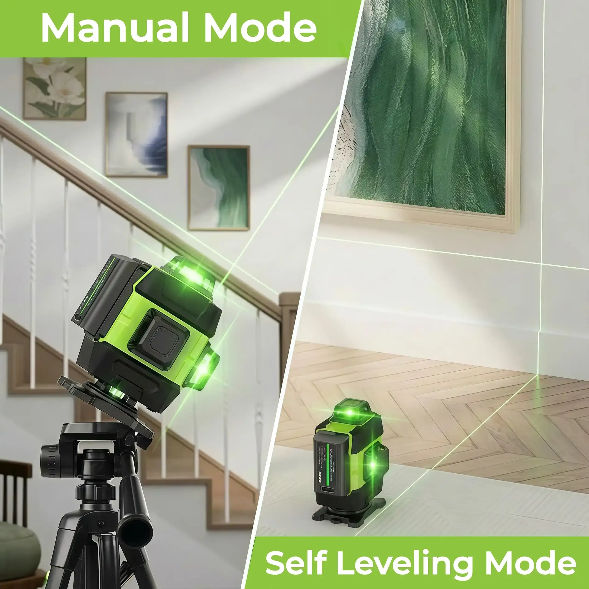 SEEKTOOL LX360 Pro Cross Line Laser Level on a tripod with manual and self-leveling modes shown.