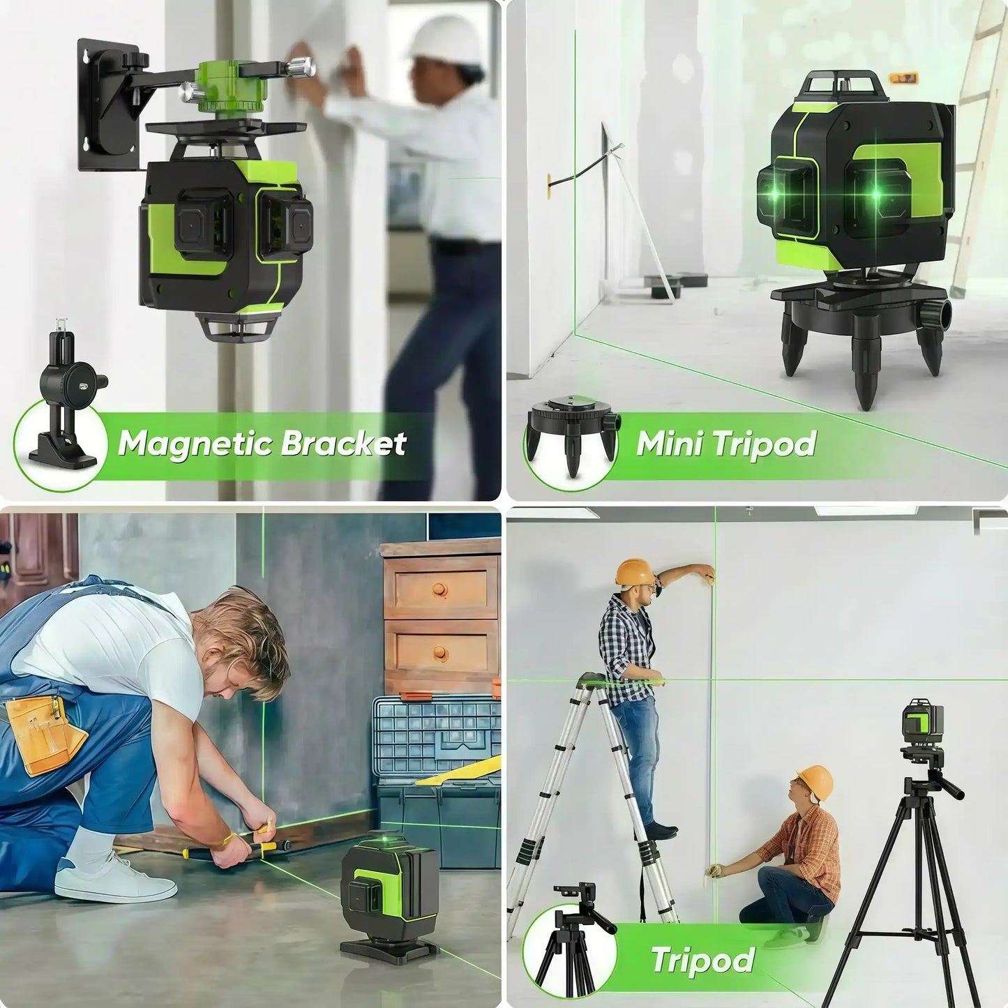Collage of a SEEKTOOL LX360 Pro Cross Line Laser Level with magnetic bracket, mini tripod, and tripod in use scenarios.