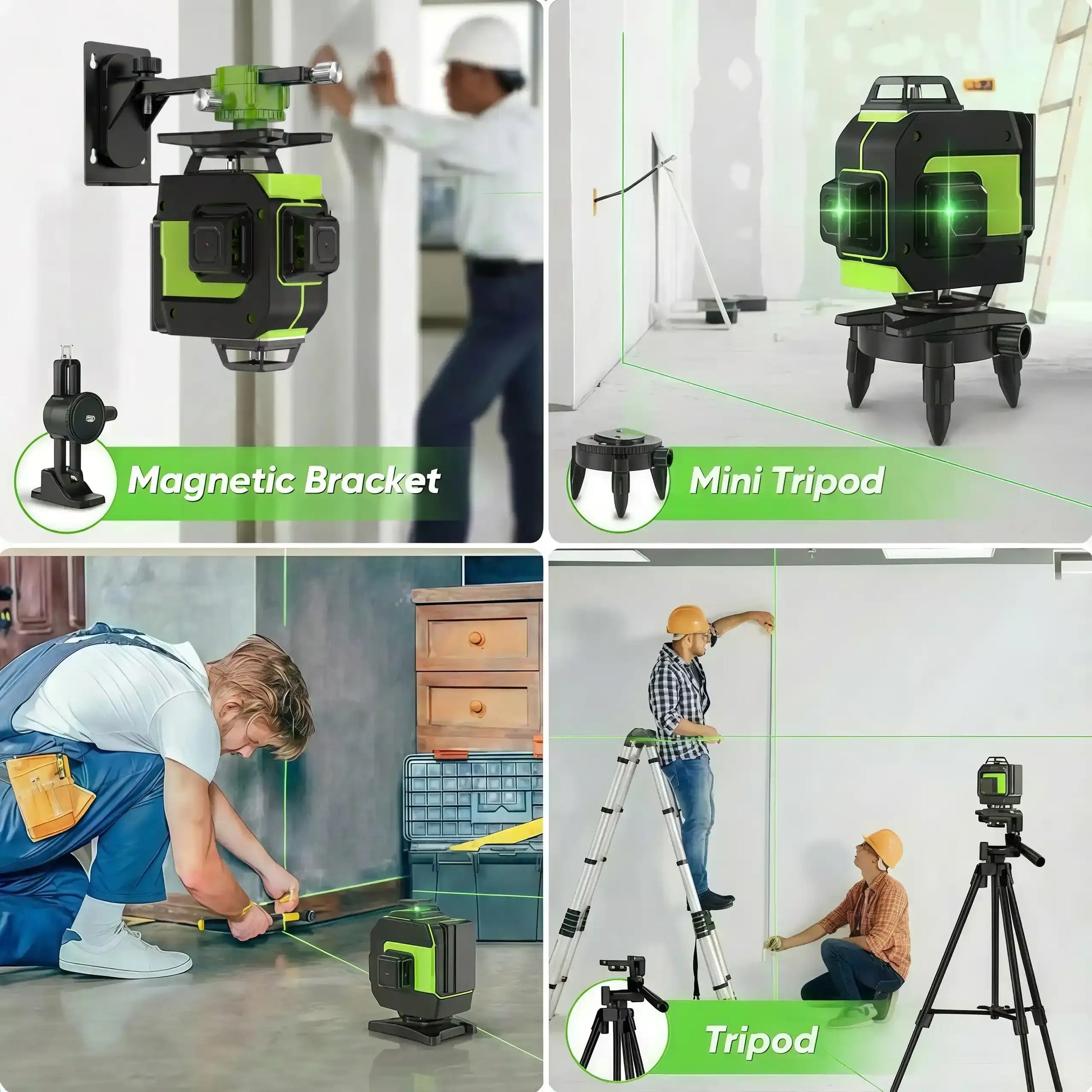 Collage of a SEEKTOOL LX360 Pro Cross Line Laser Level with magnetic bracket, mini tripod, and tripod in use scenarios.
