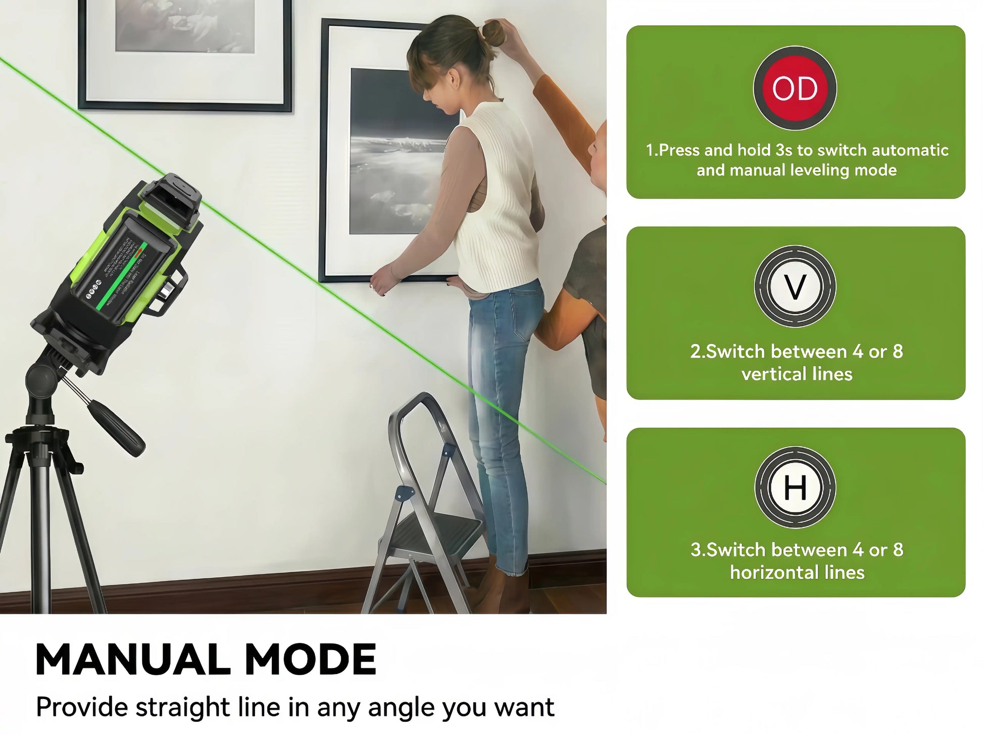 Person using a SEEKTOOL LX360 Pro Cross Line Laser Level with text explaining manual mode on a white wall background
