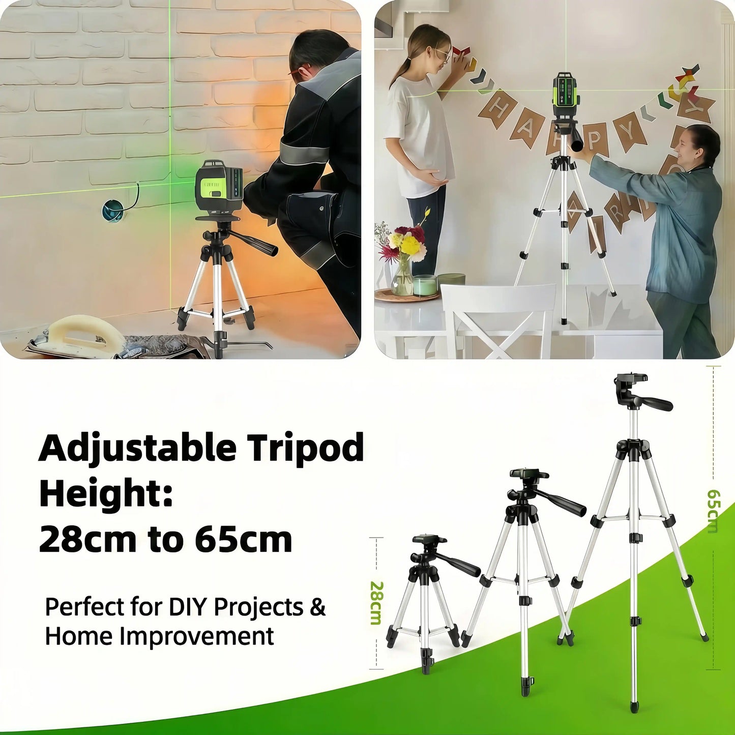 SEEKTOOL LX360 Pro Cross Line Laser Level Adjustable tripod with usage scenarios in home improvement and DIY projects.