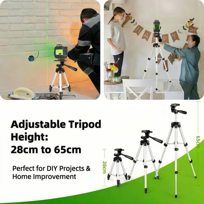 SEEKTOOL LX360 Pro Cross Line Laser Level Adjustable tripod with usage scenarios in home improvement and DIY projects.
