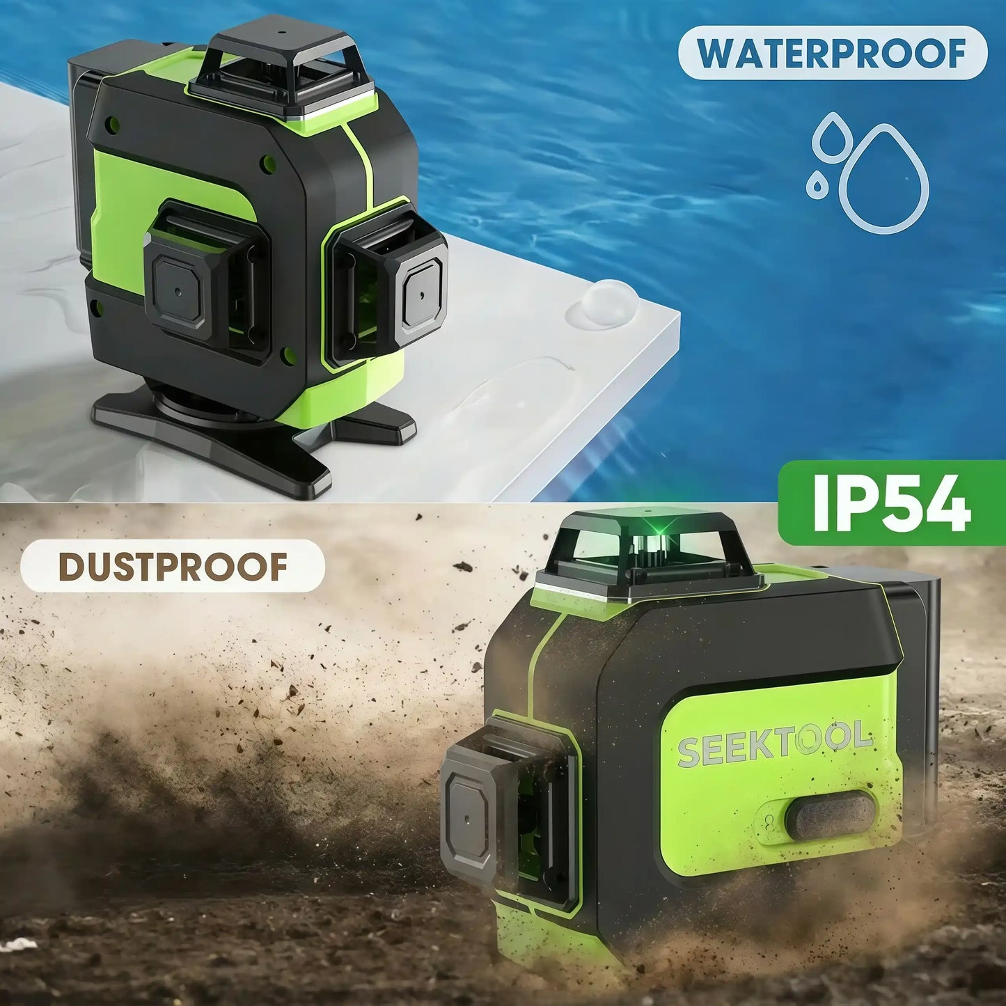 Green and black SEEKTOOL LX360 Pro Cross Line Laser Level with water and dust resistance indicators on a blue and brown background.