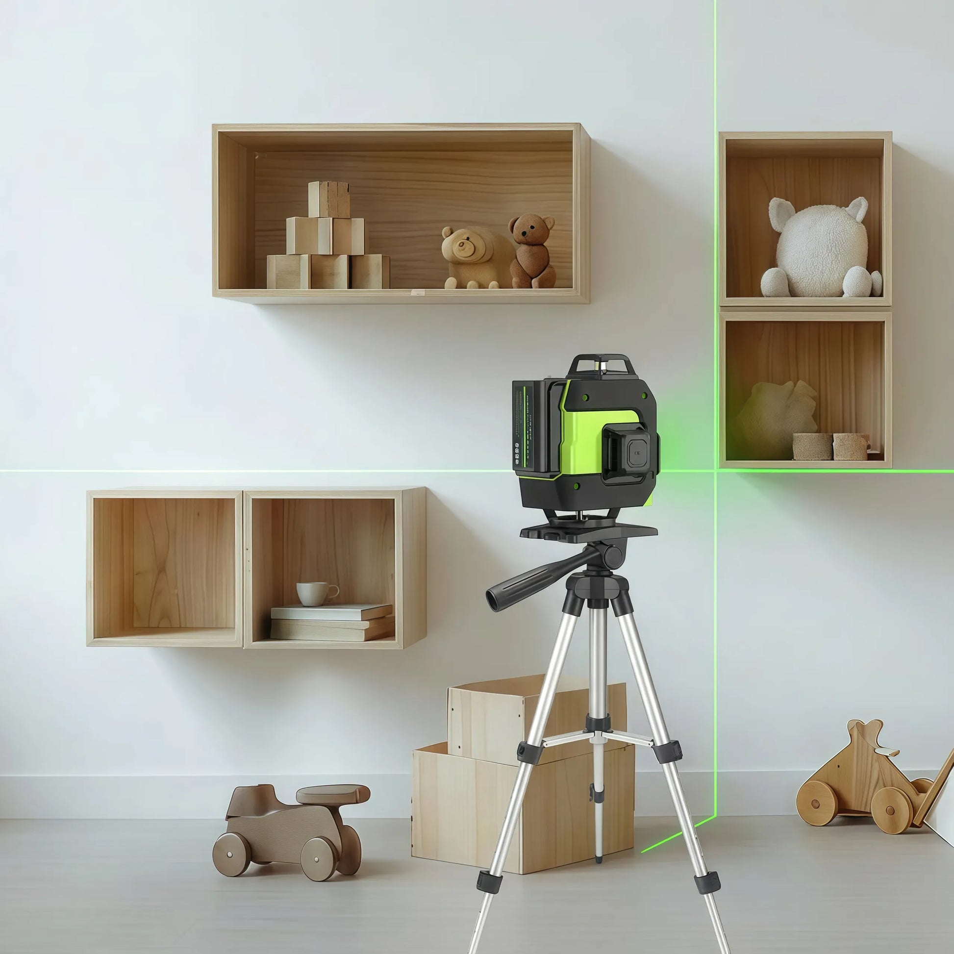 SEEKTOOL LX360 Pro Cross Line Laser Level on a tripod with green lines in a room with wooden shelves and toys.