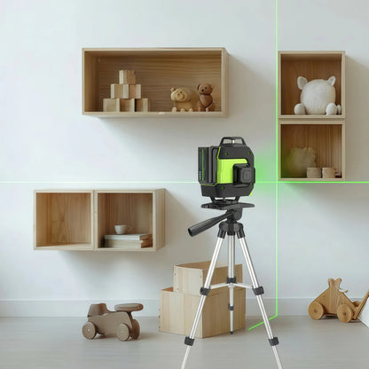 SEEKTOOL LX360 Pro Cross Line Laser Level on a tripod with green lines in a room with wooden shelves and toys.