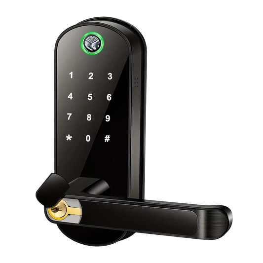 SafeeBolt Smart Door Lock with fingerprint sensor on a white background