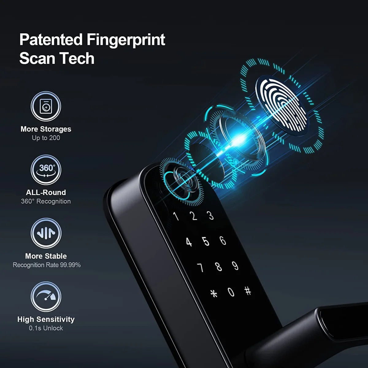 Fingerprint scan technology with digital keypad on a dark background