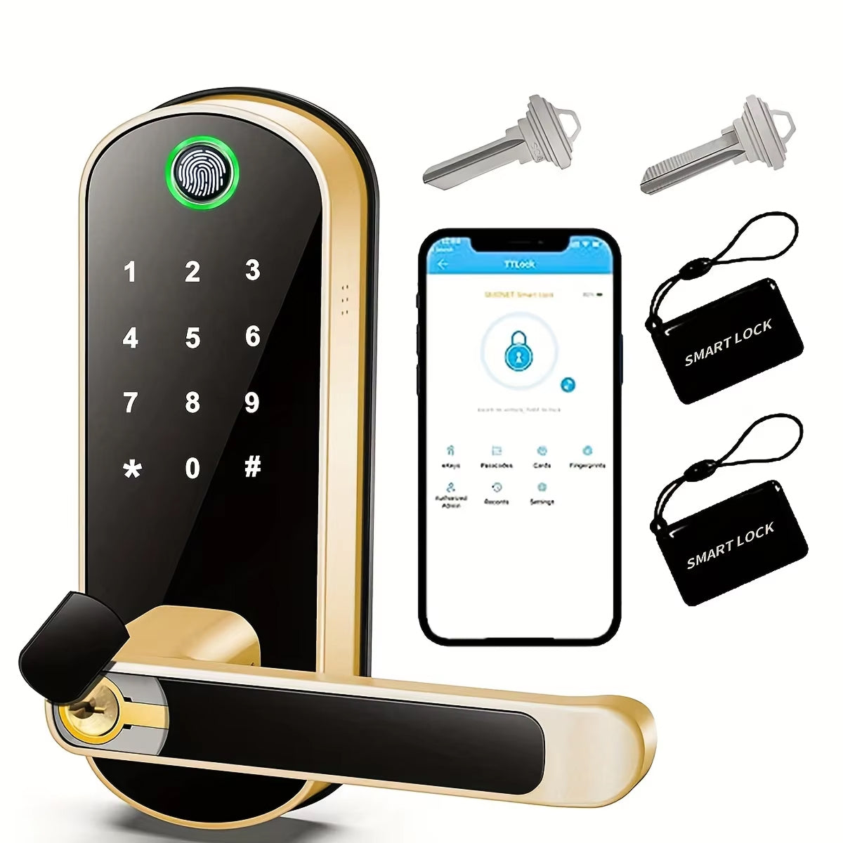 SafeeBolt Smart Door Lock with digital keypad, smartphone app, keys, and keychains on a white background