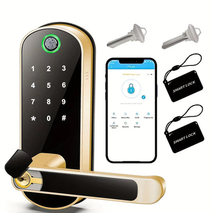 SafeeBolt Smart Door Lock with digital keypad, smartphone app, keys, and keychains on a white background