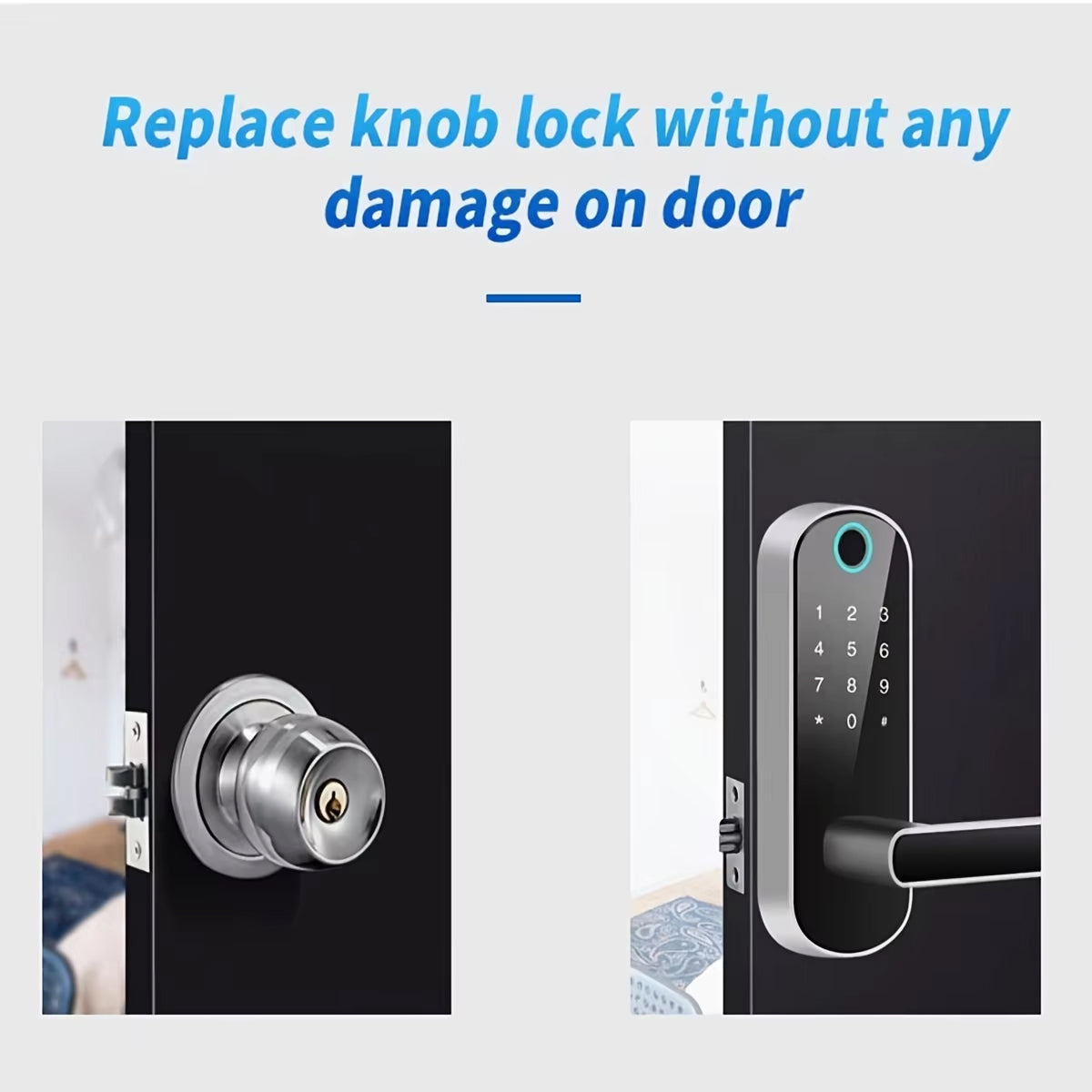 SafeeBolt Smart Door Lock replacement without damaging the door, with text in French.