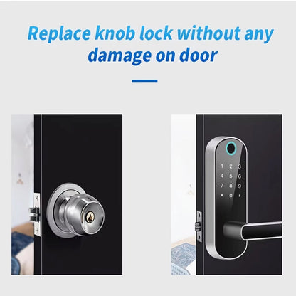 SafeeBolt Smart Door Lock replacement without damaging the door, with text in French.