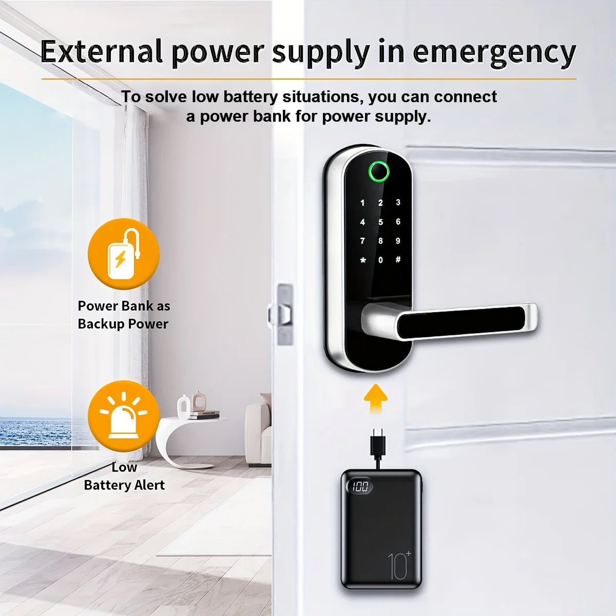 SafeeBolt Smart Door Lock with power bank connection for emergency power supply