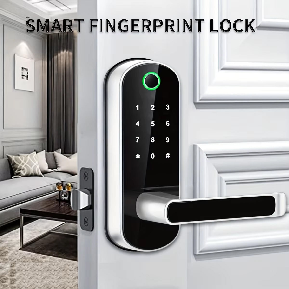 fingerprint SafeeBolt Smart Door Lock on a door with a modern interior setting