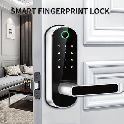 fingerprint SafeeBolt Smart Door Lock on a door with a modern interior setting