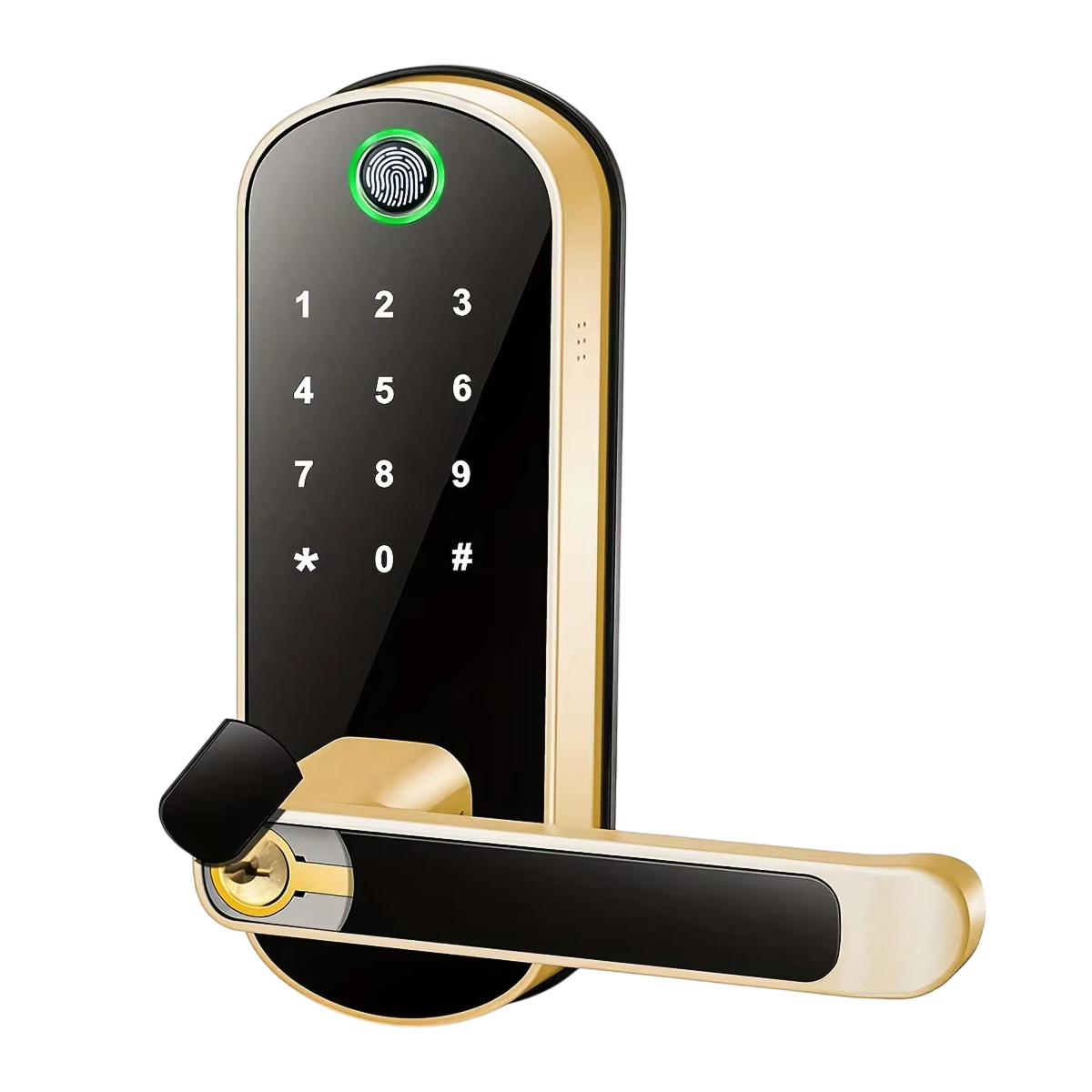 SafeeBolt Smart Door Lock with fingerprint sensor and keypad on a white background