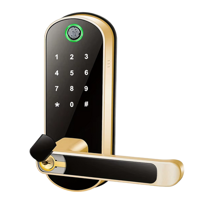 SafeeBolt Smart Door Lock with fingerprint sensor and keypad on a white background