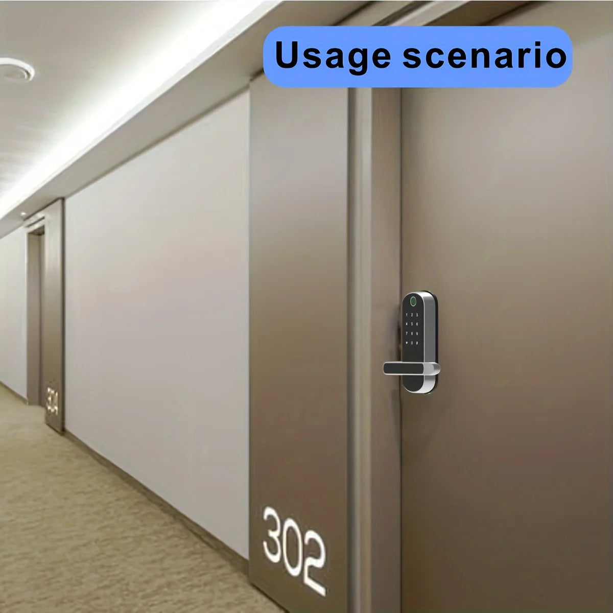 Hotel room door with SafeeBolt Smart Door Lock in a hallway, labeled 'Usage scenario'.