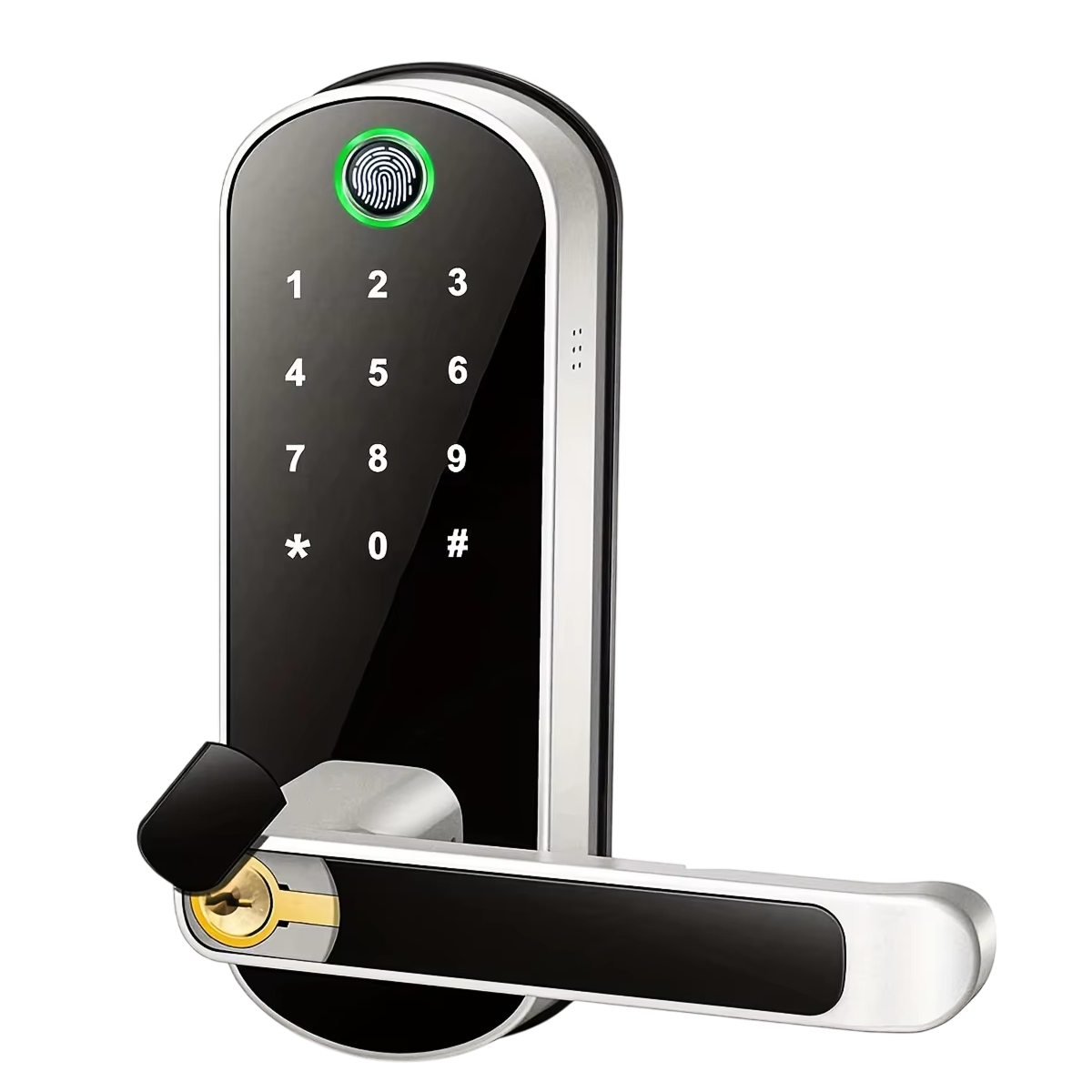 SafeeBolt Smart Door Lock with fingerprint sensor and keypad on a white background