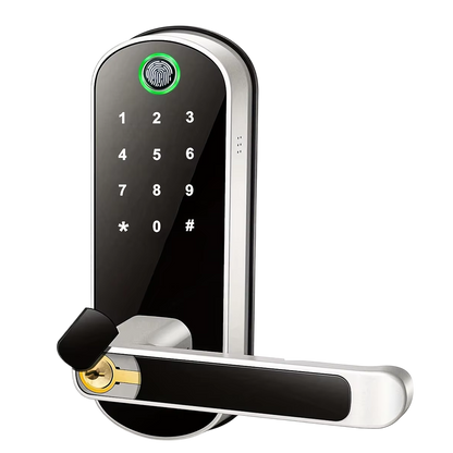 SafeeBolt Smart Door Lock with fingerprint sensor and keypad on a white background