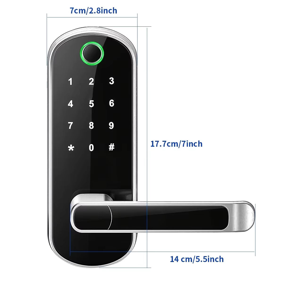 SafeeBolt Smart Door Lock with measurement details on a white background