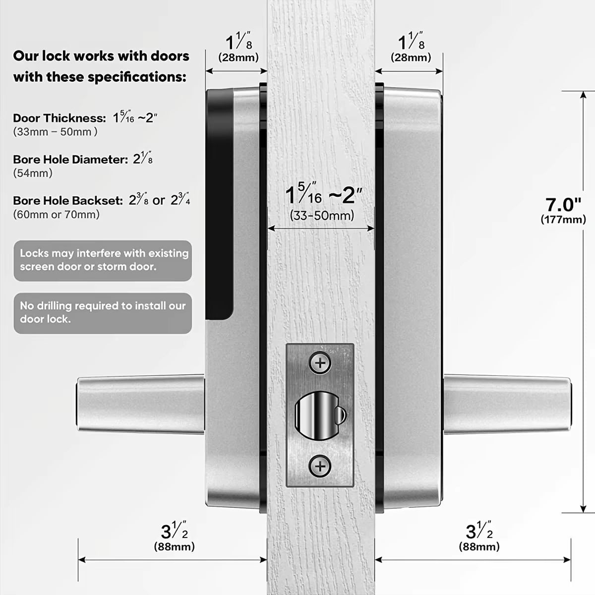 SafeeBolt Smart Door Lock mechanism with dimensions and specifications on a white background