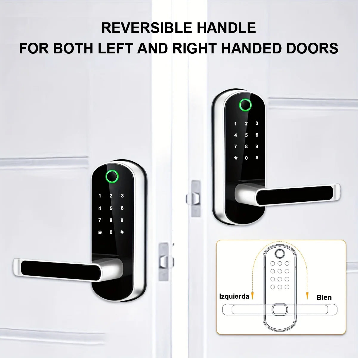 SafeeBolt Smart Door Lock handle with reversible design for left and right-handed doors on a white background.