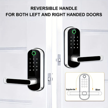 SafeeBolt Smart Door Lock handle with reversible design for left and right-handed doors on a white background.