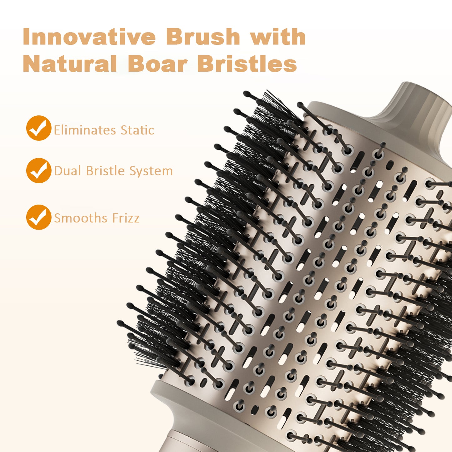 Close-up of a round SaharaCurl RQ30 Automatic 5-in-1 Hot Air Styler with black bristles and a light beige/gray plastic body, shown on a warm off-white background with marketing text about natural boar bristles and static elimination.