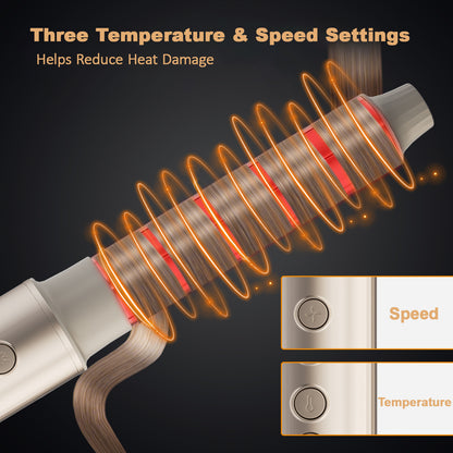 A curling iron shown on a dark background with glowing orange heat-effect rings around the barrel and text reading 'Three Temperature & Speed Settings' and 'Helps Reduce Heat Damage.' Two inset panels on the right show controls labeled Speed and Temperature.