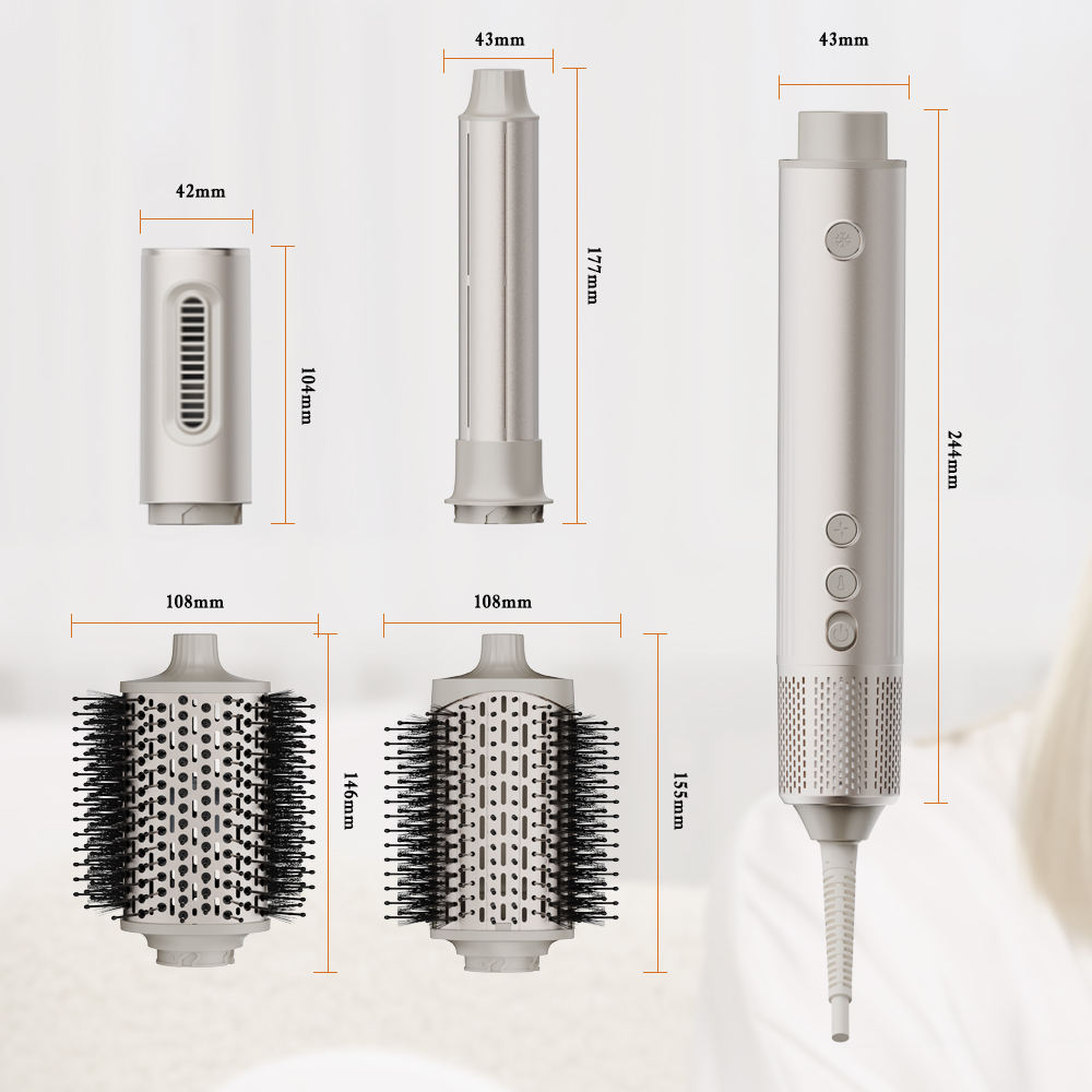 A white SaharaCurl RQ30 Automatic 5-in-1 Hot Air Styler tool set with multiple attachments shown with dimension labels and measurements on a light background.