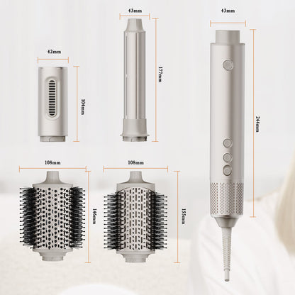 A white SaharaCurl RQ30 Automatic 5-in-1 Hot Air Styler tool set with multiple attachments shown with dimension labels and measurements on a light background.