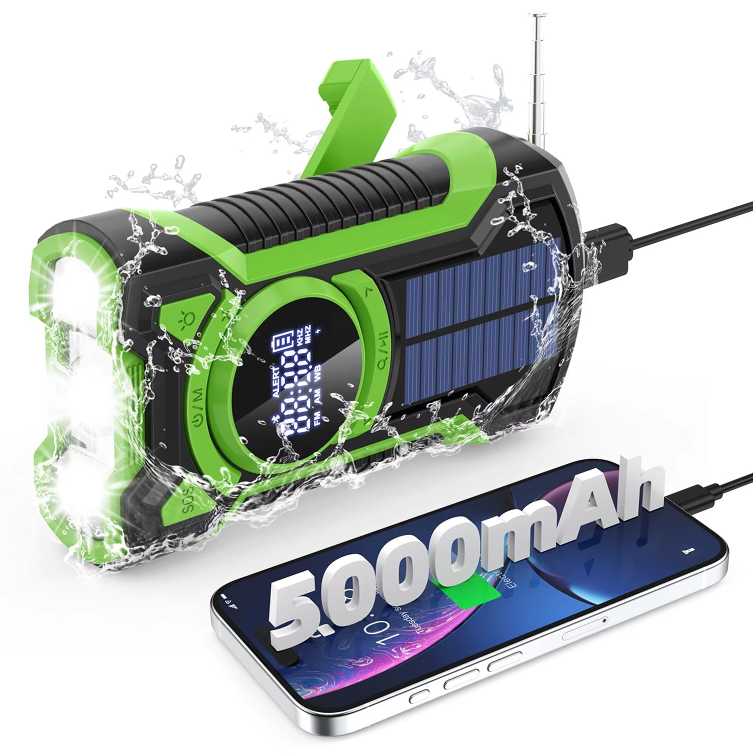 Green and black portable SigziVox Emergency Radio with solar panel and phone showing 5000mAh