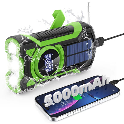 Green and black portable SigziVox Emergency Radio with solar panel and phone showing 5000mAh