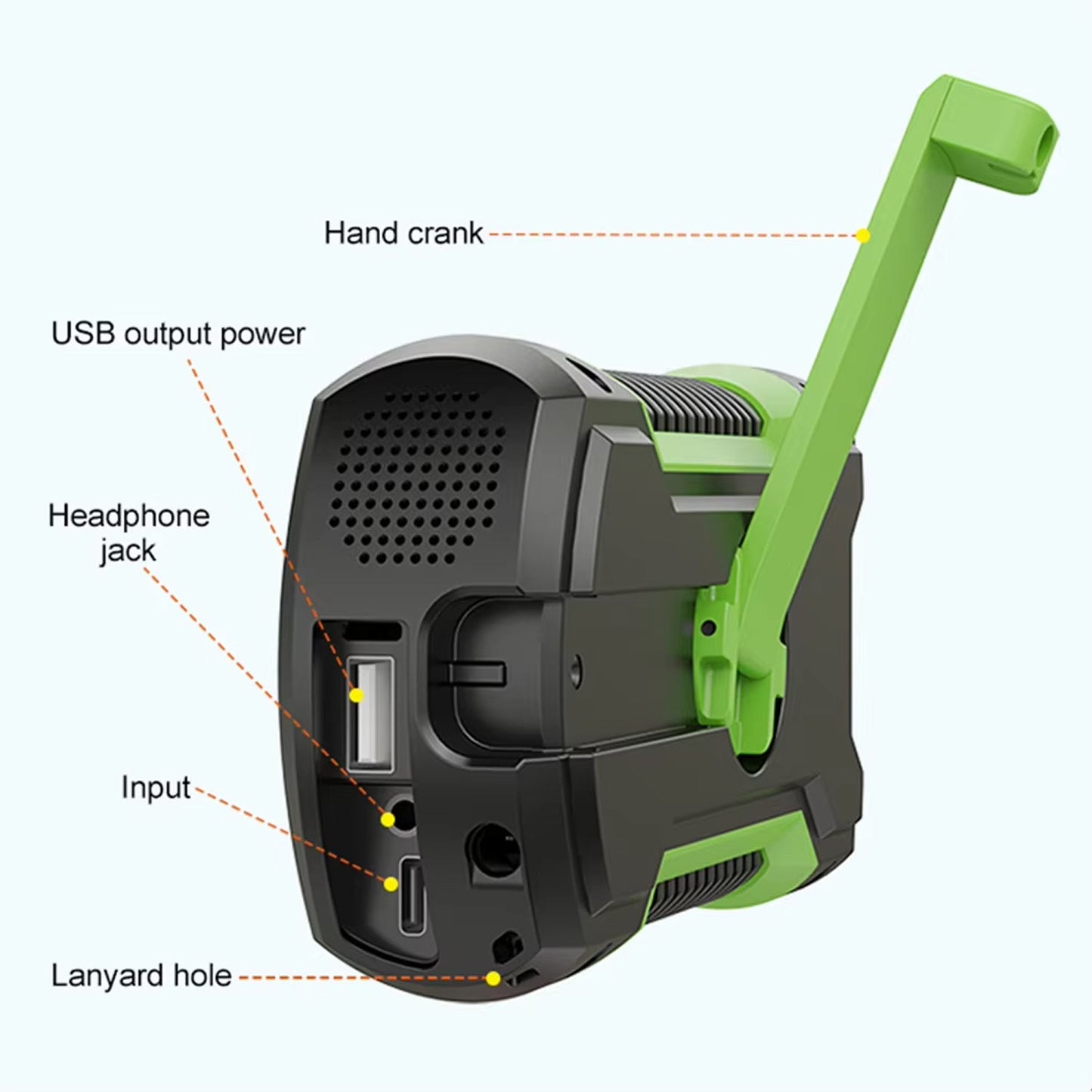 Green and black SigziVox Emergency Radio with labeled features on a white background