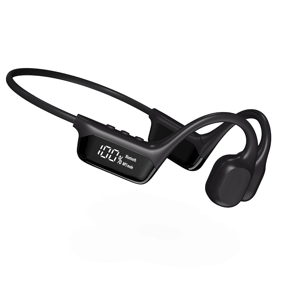 Black Sintra Bone Conduction Headphones with digital display on a white background